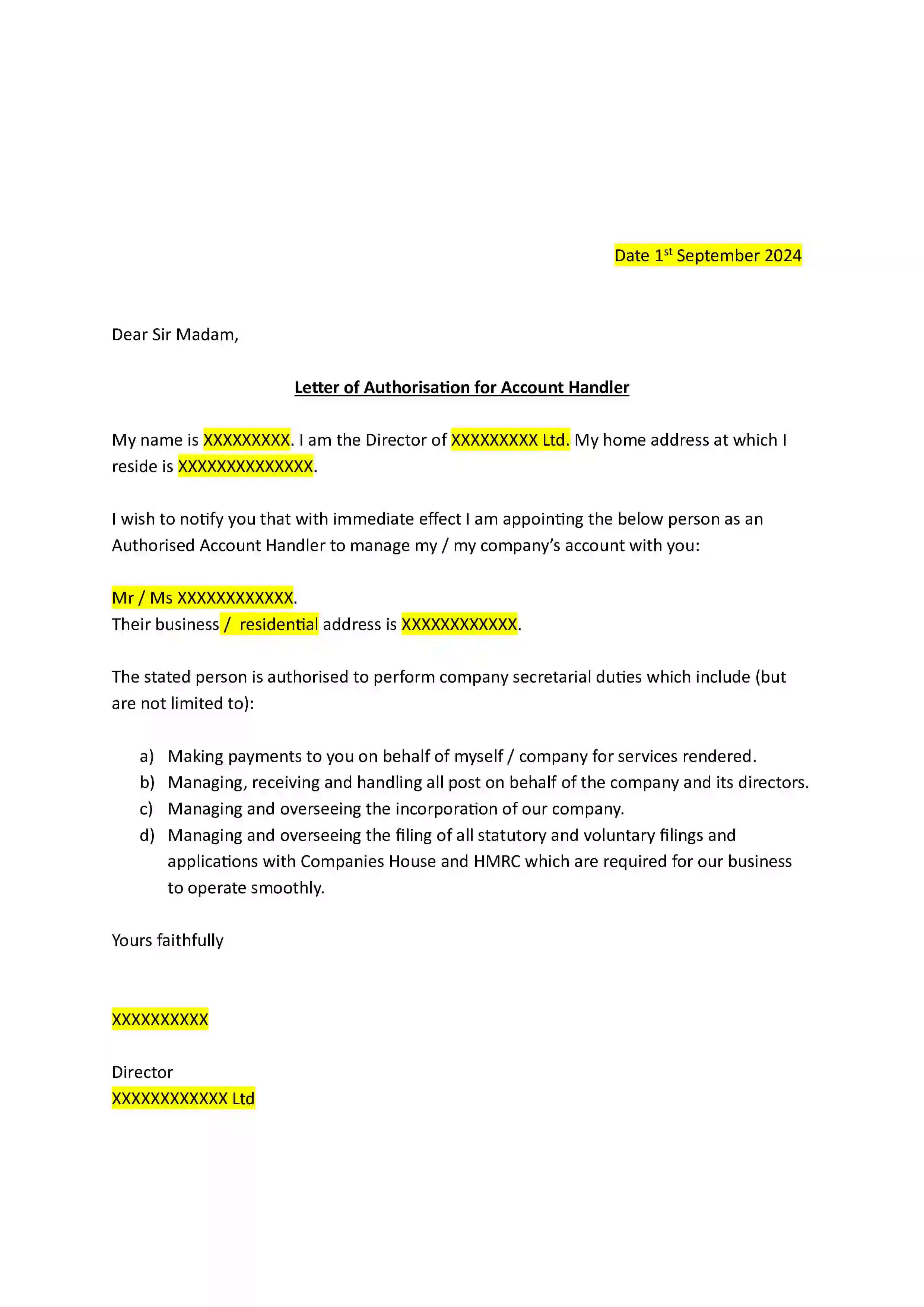 Sample letter of authorisation